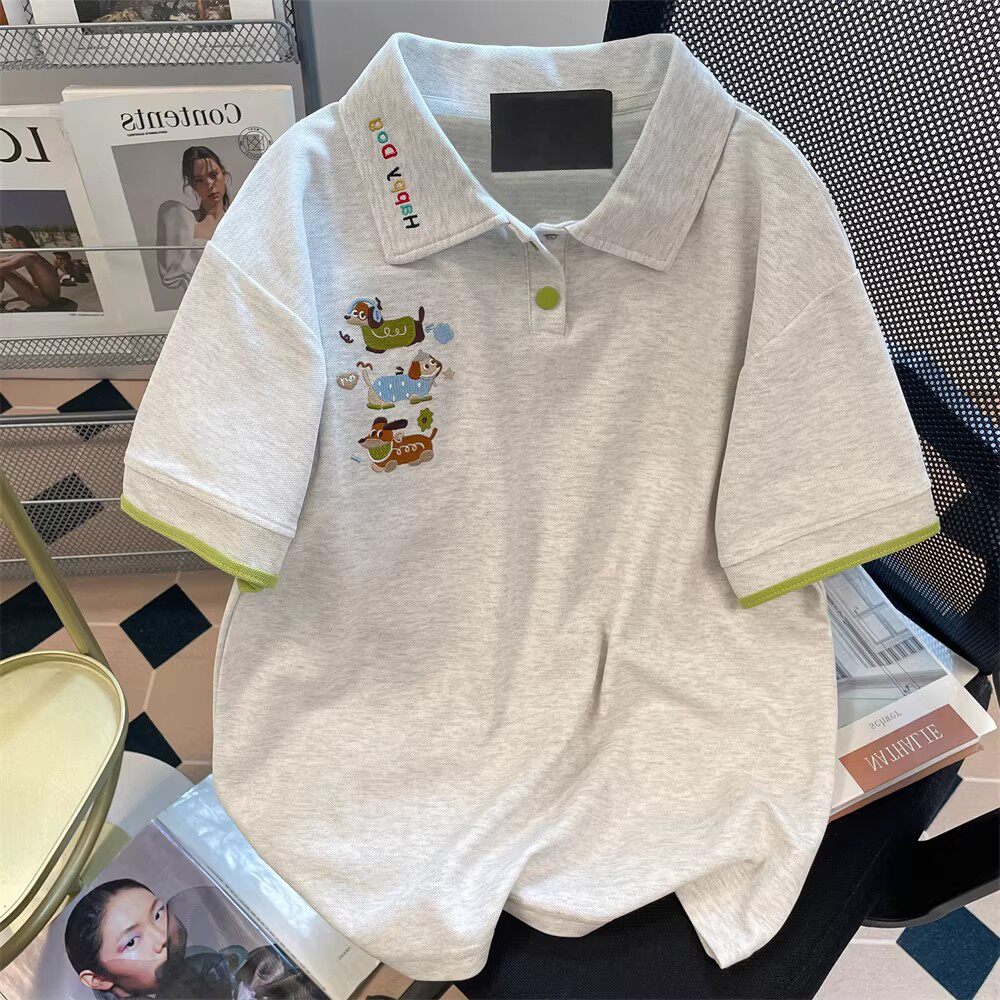 纯棉学院风灰色polo领短袖t恤女2026夏季美式卡通刺绣宽松上衣潮