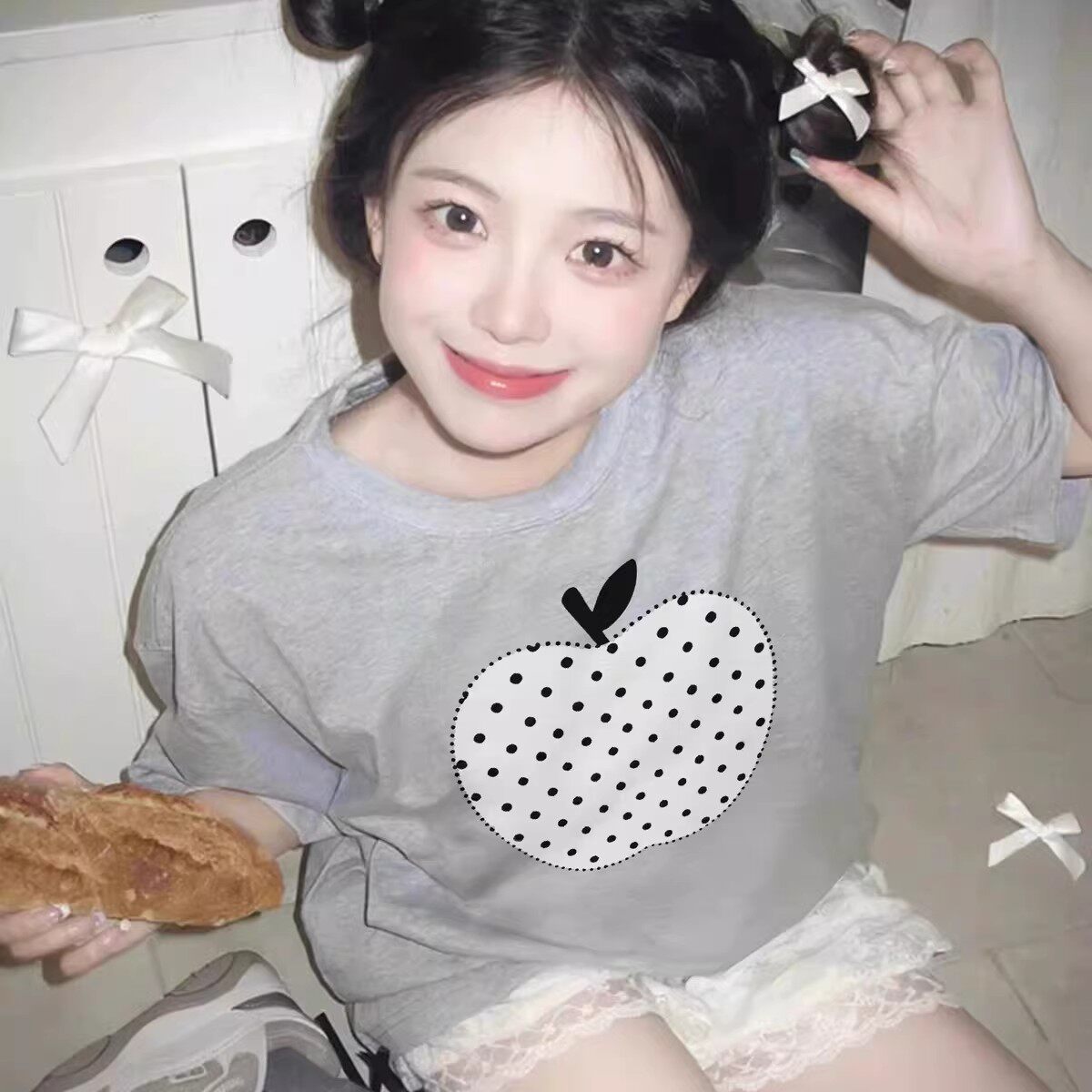 美式创意波点刺绣苹果短袖t恤女夏季2026新款纯棉宽松慵懒风上衣