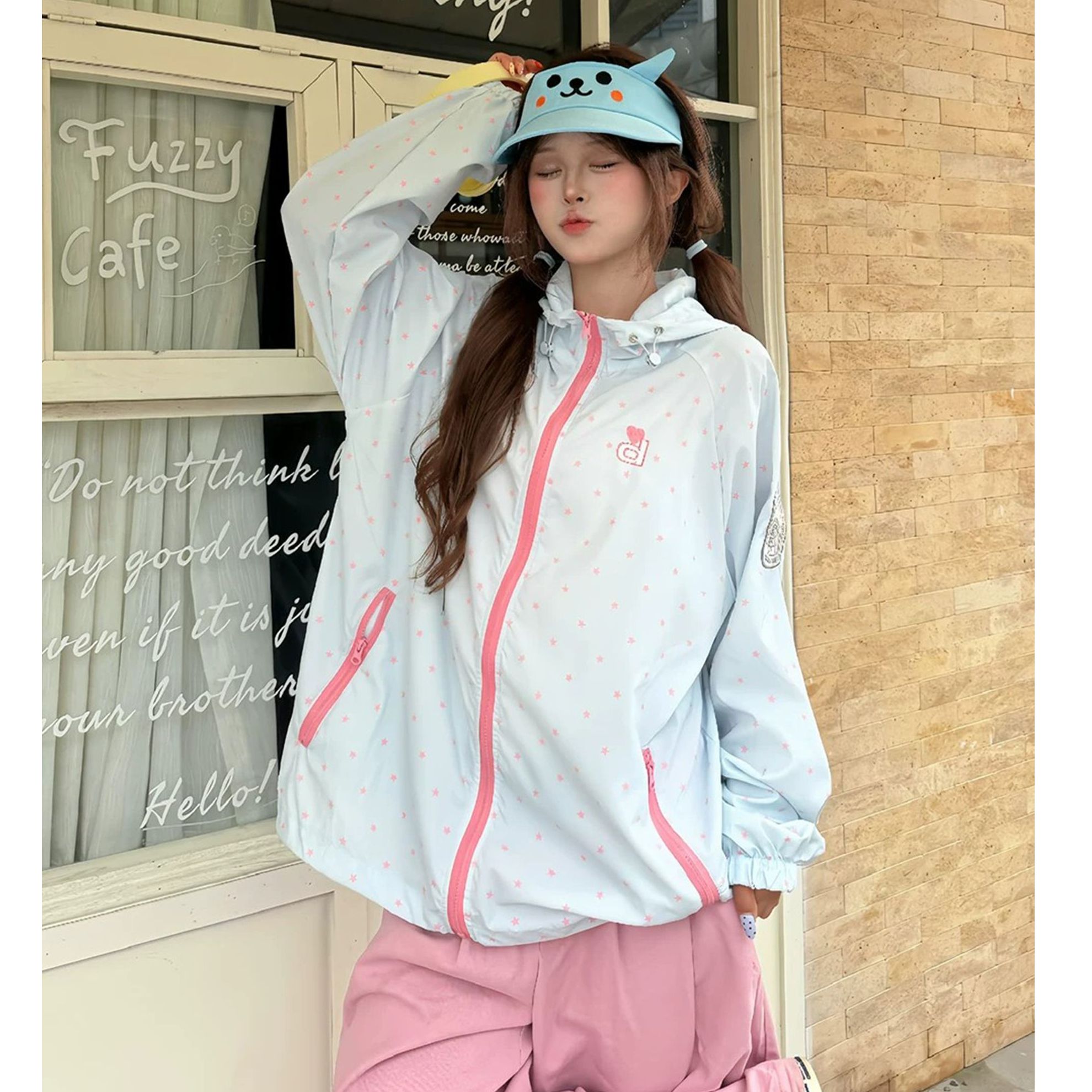 清新蓝色连帽防晒衣女休闲慵懒防紫外线透气凉感学院风通勤防晒服