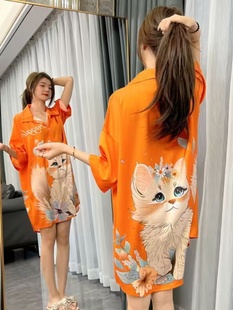 性感薄款 冰丝短袖 2024新款 睡衣 睡裙女夏季 网红高级感橘色猫咪衬衫