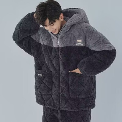 男士睡衣冬季珊瑚绒青年三层夹棉