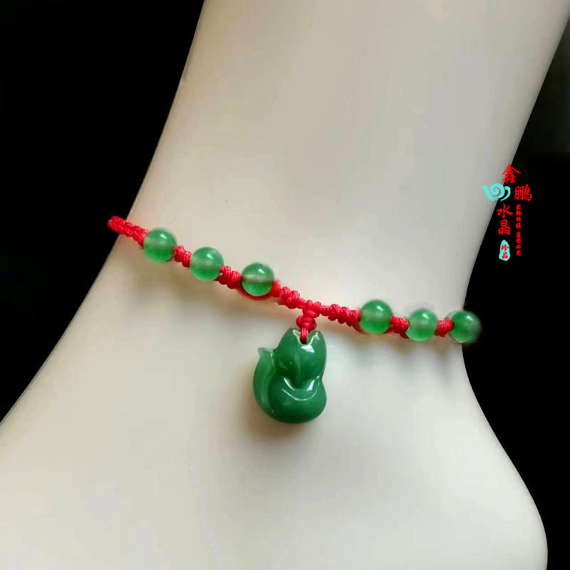 2025年白色小狐狸旺桃花脚链女旺姻缘灵狐可爱绿小颗粒新款手链