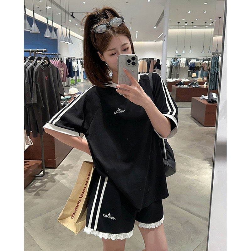 时尚休闲套装女夏时尚减龄显瘦宽松短袖雷丝花边短裤运动服两件套