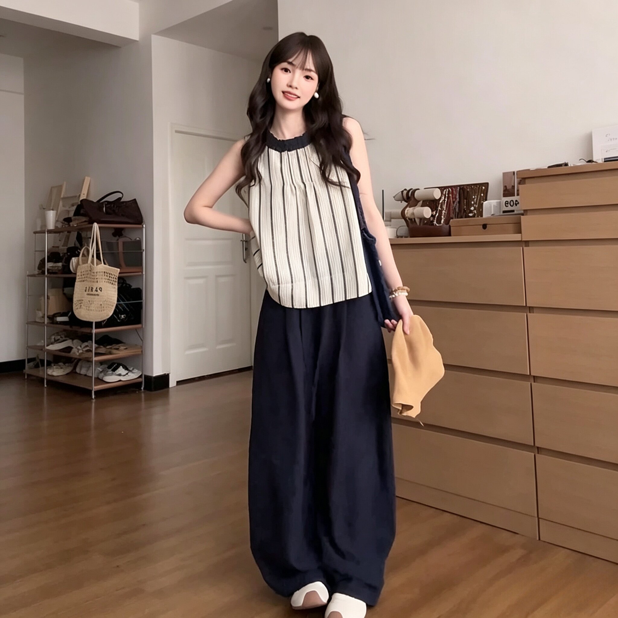 韩系休闲运动套装女夏季宽松显瘦条纹无袖背心高腰阔腿长裤两件套