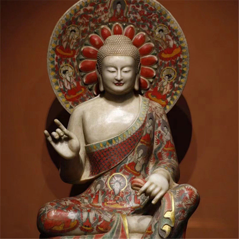 石雕复古仿古北齐汉白玉彩绘大佛佛像坐佛观音佛摆件摆放佛堂家居
