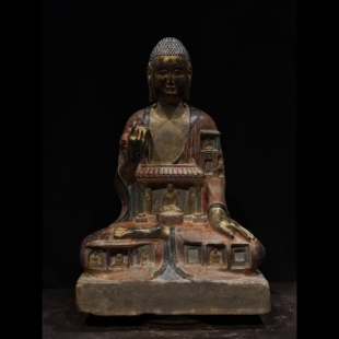 石雕复古仿古青石彩绘北魏佛像坐佛造像摆件做旧摆放佛堂茶楼供奉