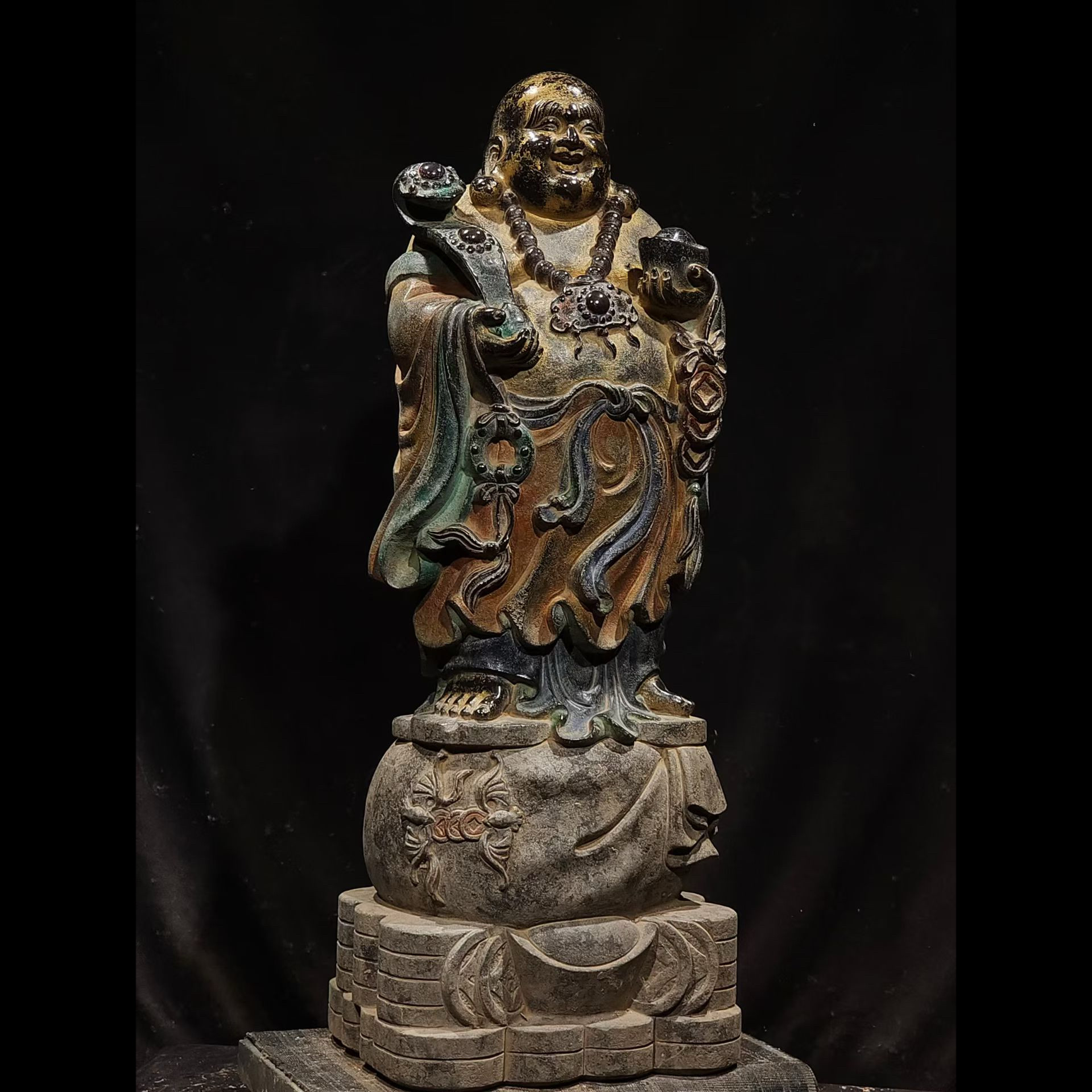 石雕仿古复古青石彩绘弥勒佛佛像造像站佛摆件做旧摆放家居供养
