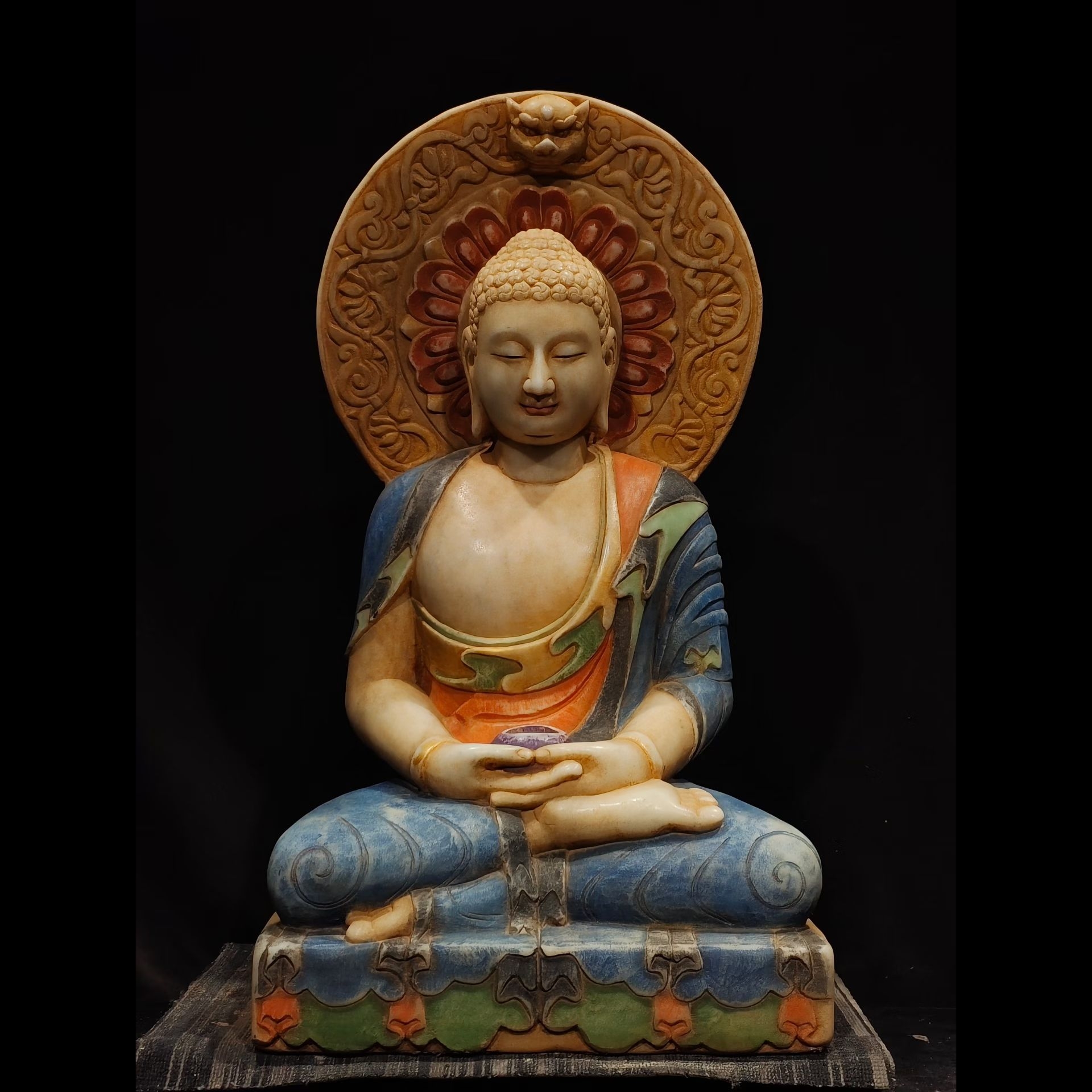 石雕复古仿古汉白玉彩绘佛像造像坐佛摆件做旧摆放家居佛堂供养