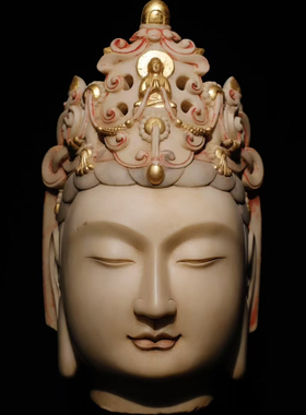 石雕复古仿古北齐汉白玉彩绘观音头佛头佛首摆件做旧摆放佛堂供养