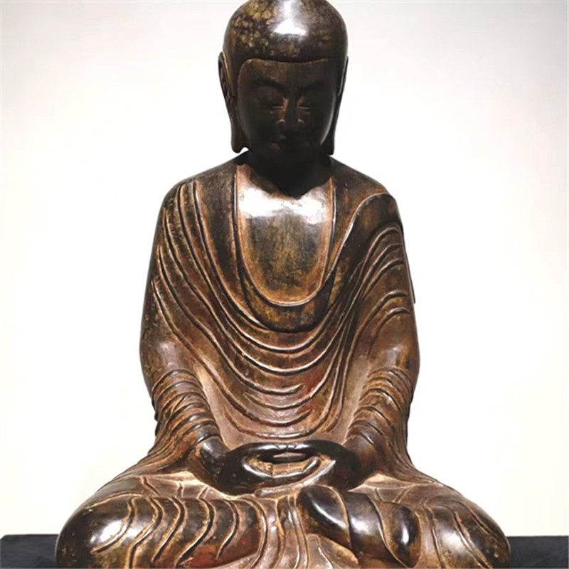 石雕仿古复古北齐青石彩绘佛像释迦摩尼坐佛摆件做旧摆放佛堂家居