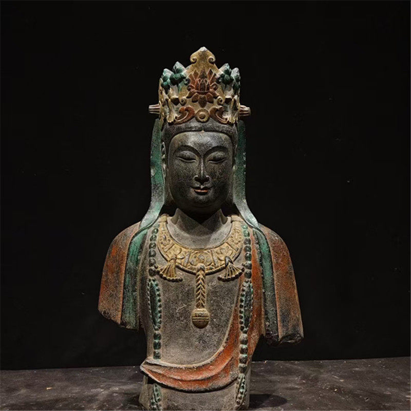 石雕仿古复古北齐彩绘观音佛像半身佛做旧摆放摆件家居佛堂饭店