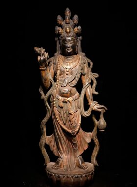 仿古观音造像彩绘描金菩萨像立姿观音净瓶莲花观音密宗十一面观音