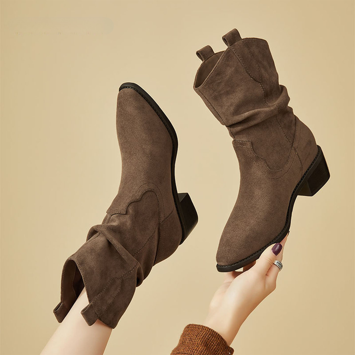 西部褶皱推推靴子女2025年新款单靴粗跟高跟秋冬加绒中筒靴