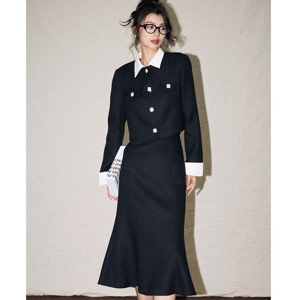2026春新法式复古名媛风黑色拼接撞色小香短款鱼尾裙套装女,女装/女士精品,休闲运动套装,淘宝优惠券,粉丝福利购,淘宝优惠卷