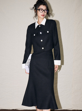 2026春新法式复古名媛风黑色拼接撞色小香短款鱼尾裙套装女