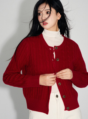 2026冬新日系100%羊毛粗棒圣诞红色针织圆领开衫毛衣外套女