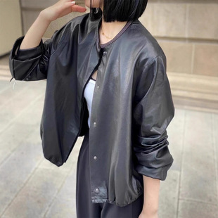 薄款植鞣绵羊皮皮衣外套女2026春秋宽松圆领通勤真皮皮夹克短款