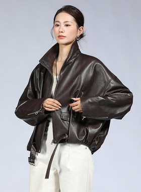 2026早秋新品黑色真皮皮衣翻领酷帅短夹克拉链百搭时尚感机车外套