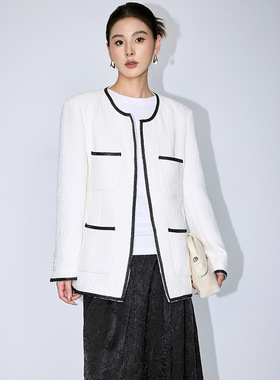 高级感名媛白色小香风外套粗花呢2026新秋款撞色圆领中长款大衣女