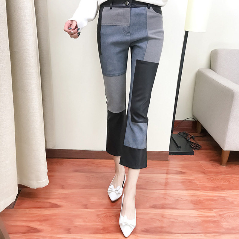 拼色进口弹力绵羊皮微喇九分皮裤高腰显瘦包臀洋气真皮裤子女