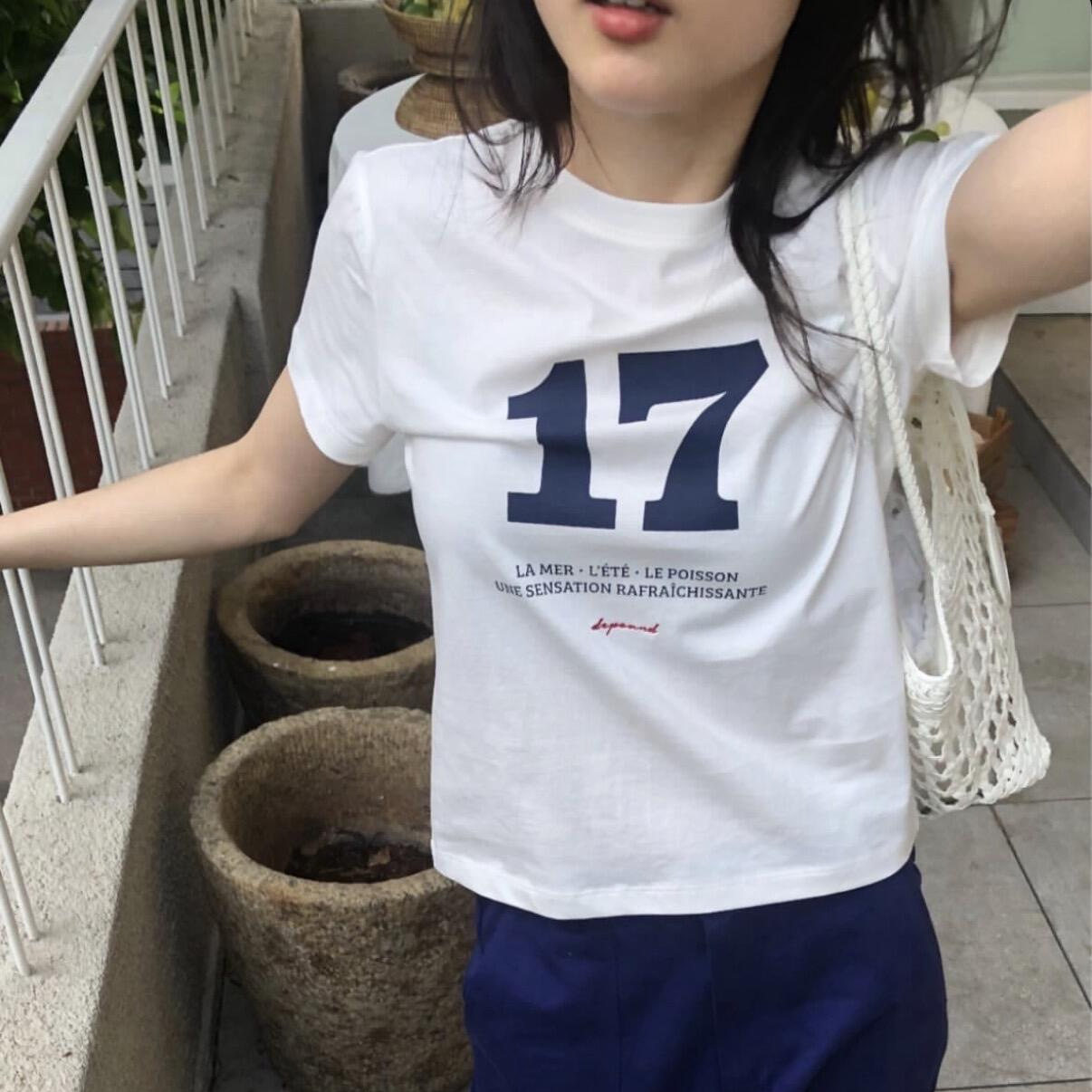 夏季学院风数字17印花女短袖T恤