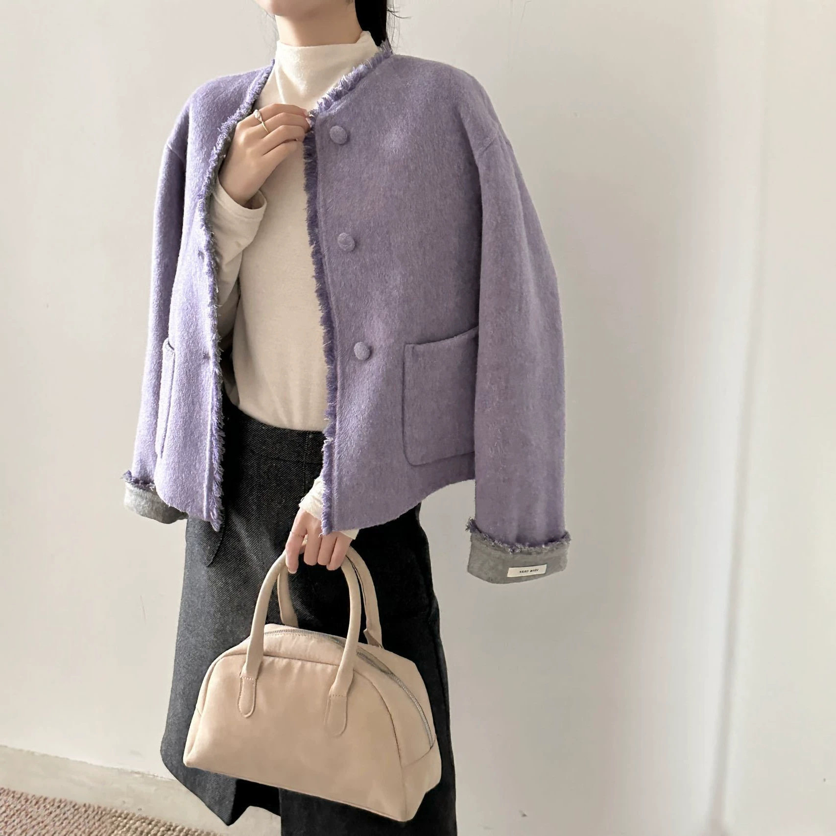 小个子双面羊毛短款圆领大衣女