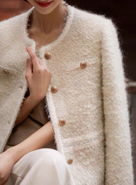 慕斯云朵 羊毛马海毛粗花呢 优雅白色小香风外套2026秋季新品