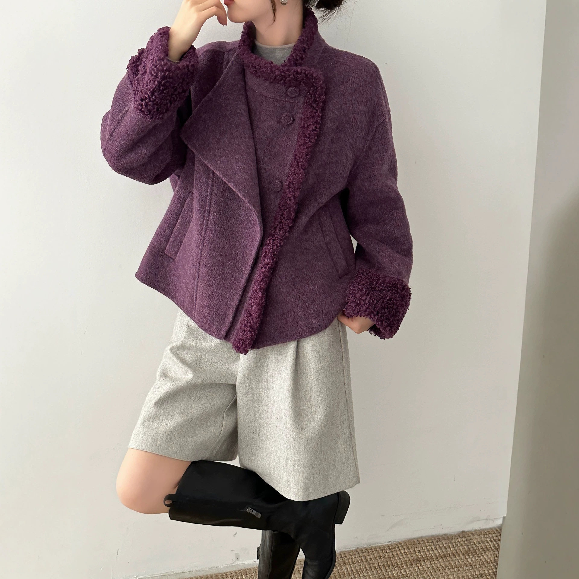 羊毛双面呢立领斜扣大衣女