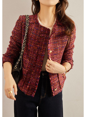 羊毛小香风外套高级感 红色粗花呢短款 冬季穿搭女装2026秋装上衣