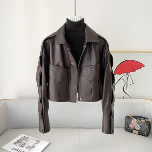 绵羊皮夹克小 高腰翻领咖啡色真皮皮衣女花边袖 2026秋新款 短款