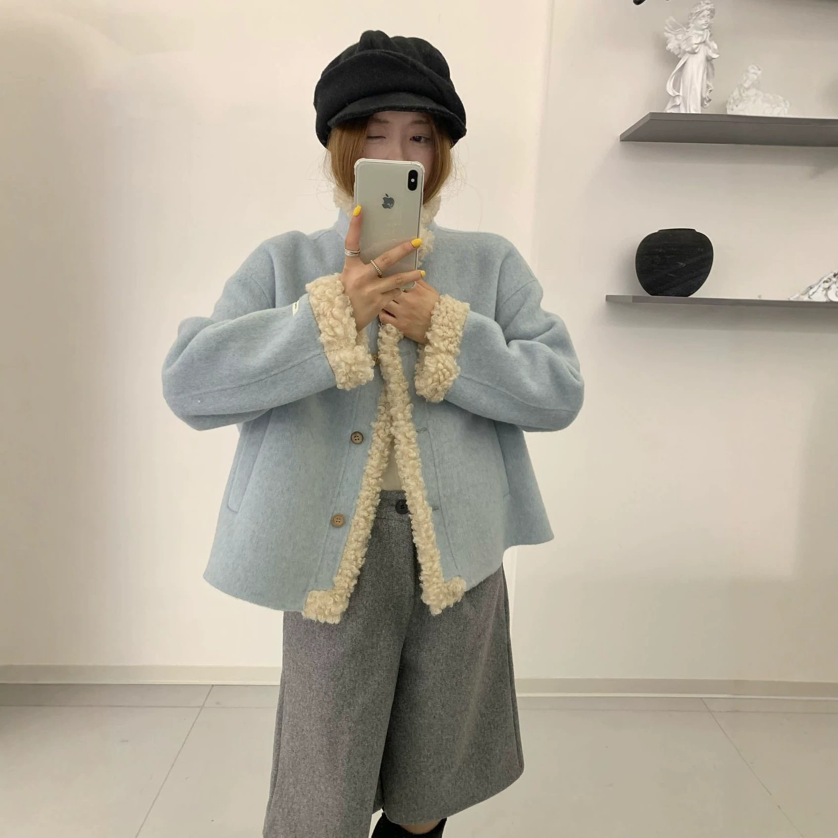 秋冬紫羊羔毛拼接双面羊毛大衣