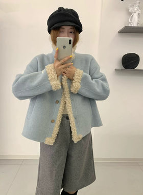 秋冬紫羊羔毛拼接双面羊毛大衣