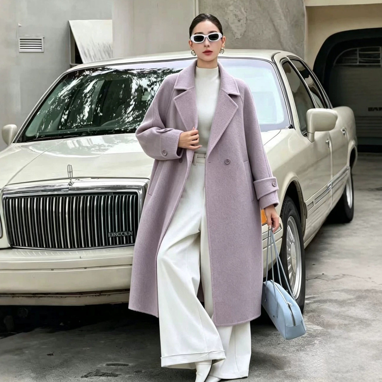 双面羊毛加厚保暖连帽大衣女款