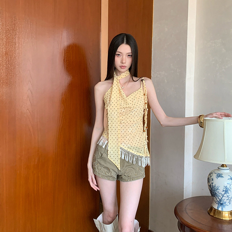 夏季辣妹波点流苏吊带背心