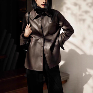 2026海宁春秋季新款百搭休闲宽松显瘦真皮皮衣衬衫式外套风衣女款