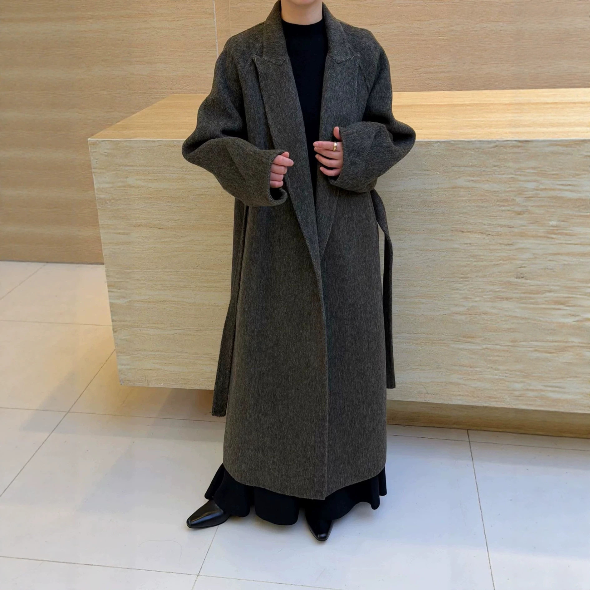 浴袍款双面羊毛长款系带大衣女