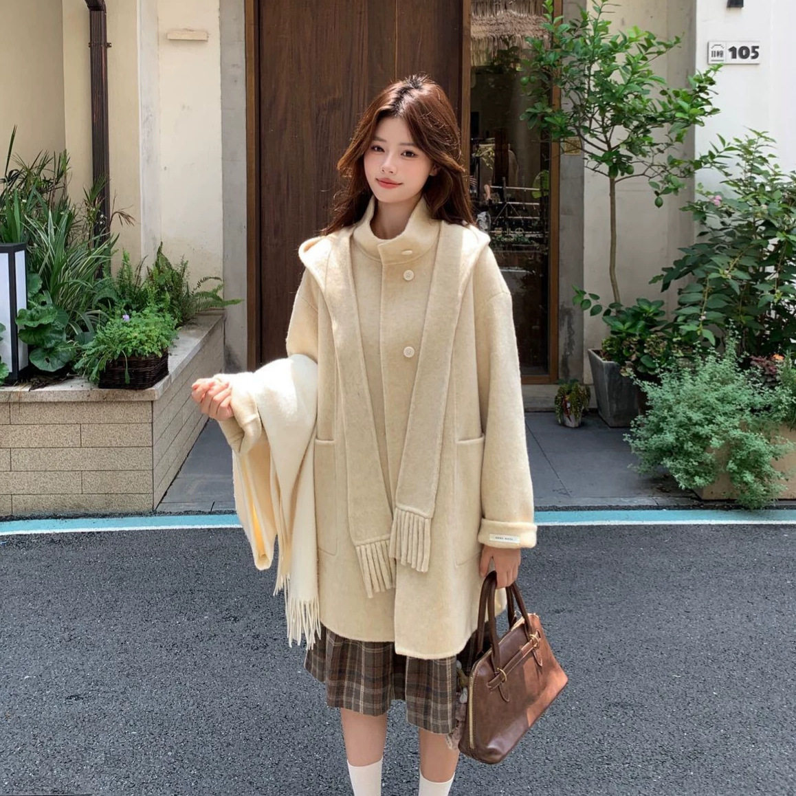 秋冬双面羊毛加厚中长大衣女