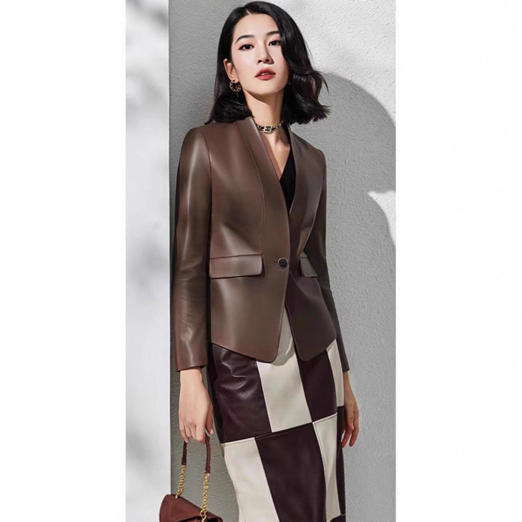 2026新款女装真皮绵羊皮皮衣收腰V领短款简约休闲西装外套
