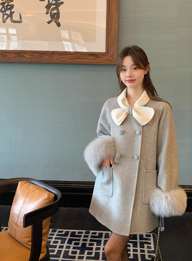 致爱丽丝小个子秋冬撞色双面羊毛呢子外套女2025羊绒灰色大衣新款