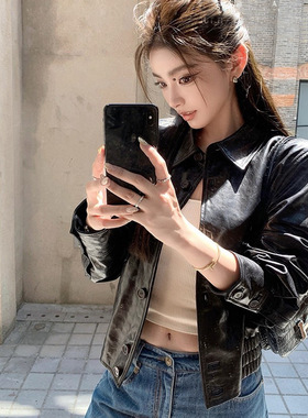 大女主！时髦帅气新款小个子真皮皮衣进口绵羊皮宽松黑色羊皮夹克