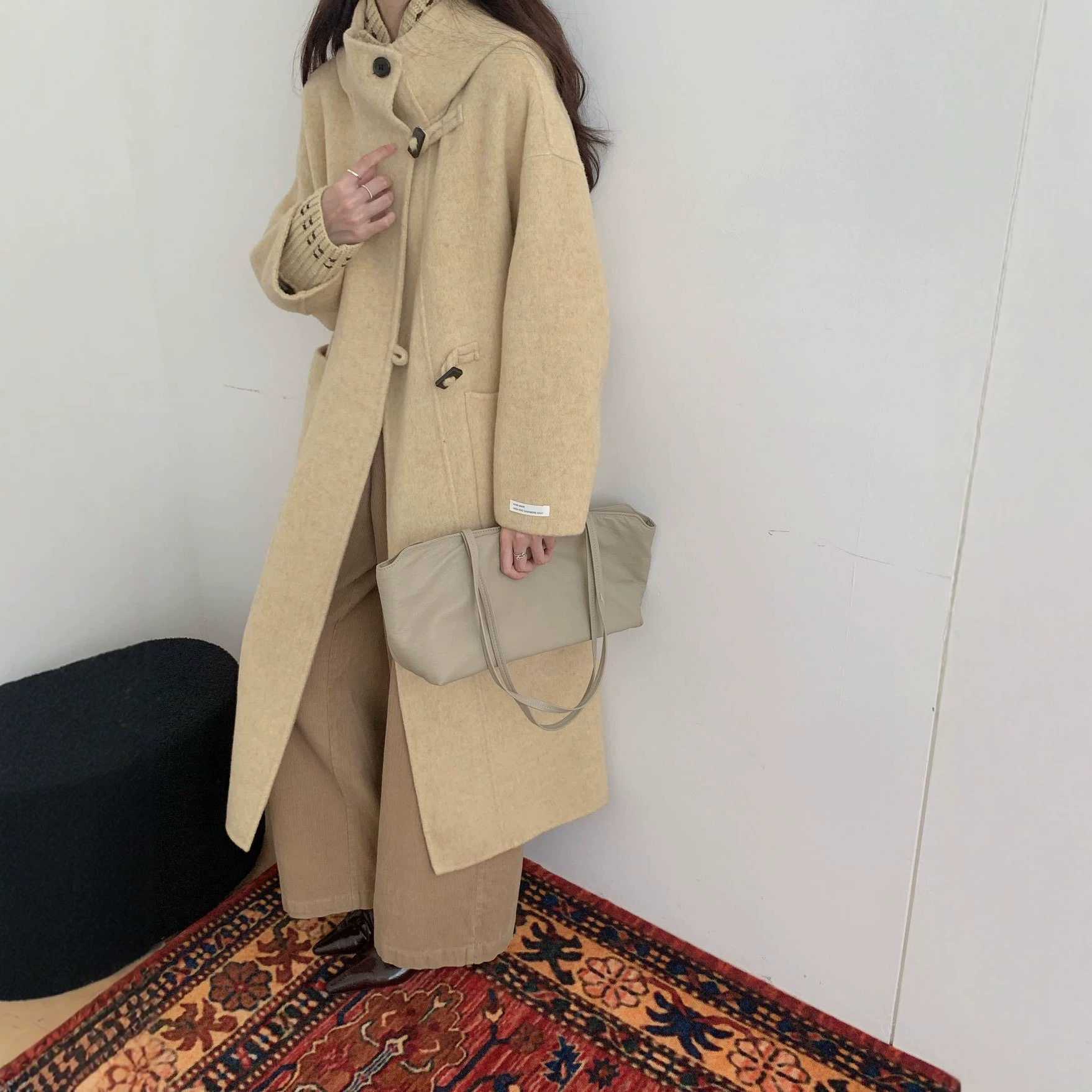 秋冬双面羊毛连帽中长大衣女