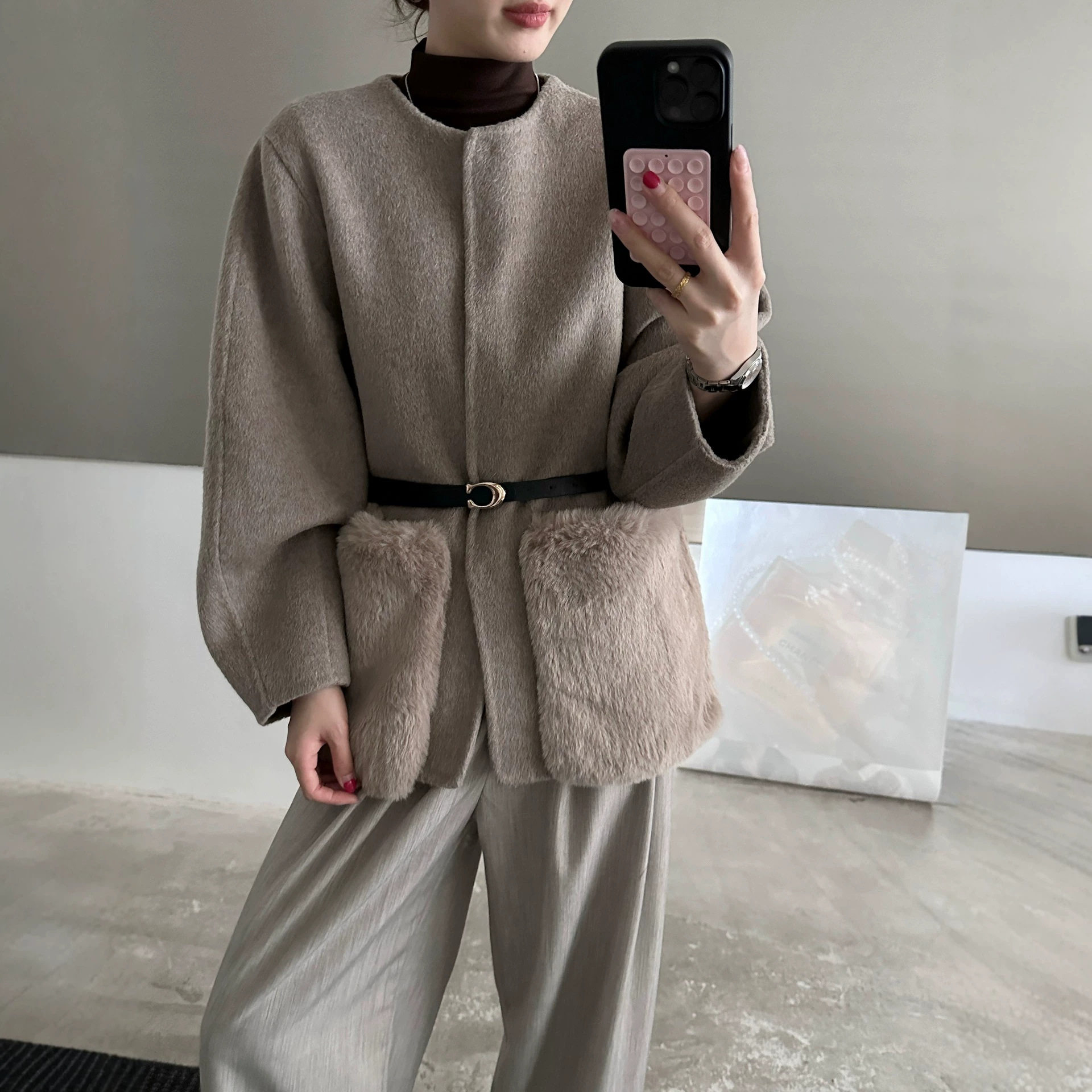 韩系羊毛双面呢仿貂毛收腰大衣女