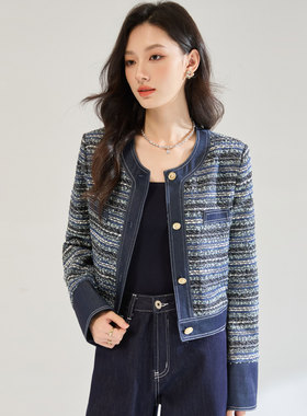 2026秋季蓝色时尚气质设计感撞色牛仔拼接粗花呢小香风外套26553