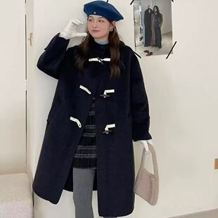 【鬼怪】牛角扣学院风2026秋冬新款小个子连帽手工双面羊毛大衣女