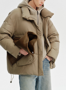 真皮皮衣女大口袋冬黑色立领简约中长款加厚绵羊皮长袖鹅绒服2026