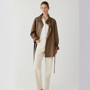 露珠系列 2026春季新款薄丝毛精纺色织短风衣立领中长款外套