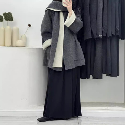 双面双色带围巾羊毛大衣中长款