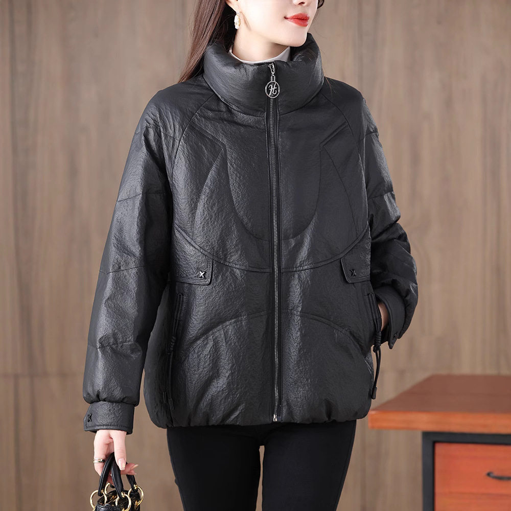 海宁冬季大码女真皮短款皮羽绒服