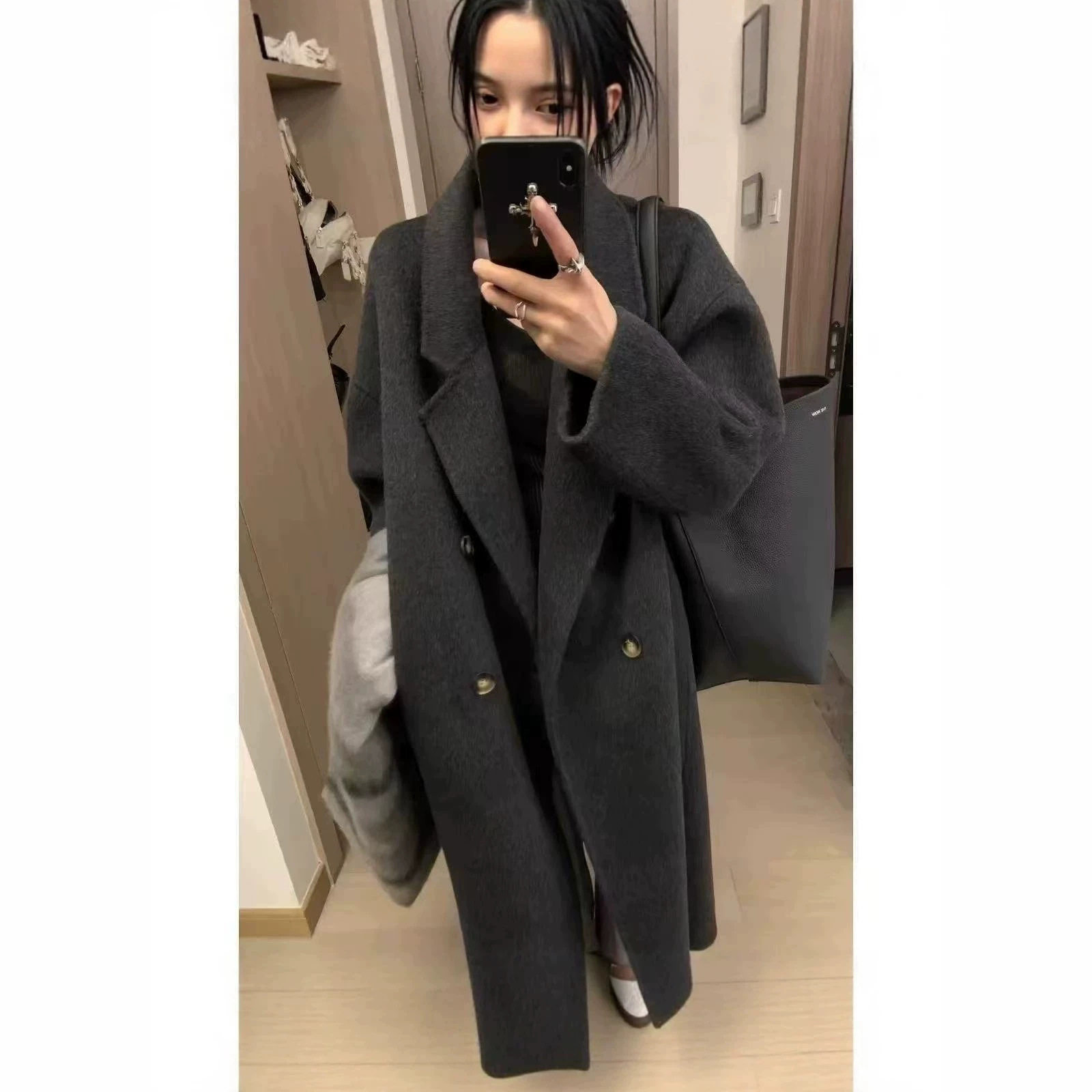 韩系蚕茧型双面羊毛中长大衣女
