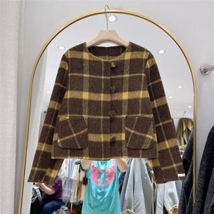 2026秋冬新款小香风粉色格子双面羊绒大衣女短款小个子羊毛呢外套